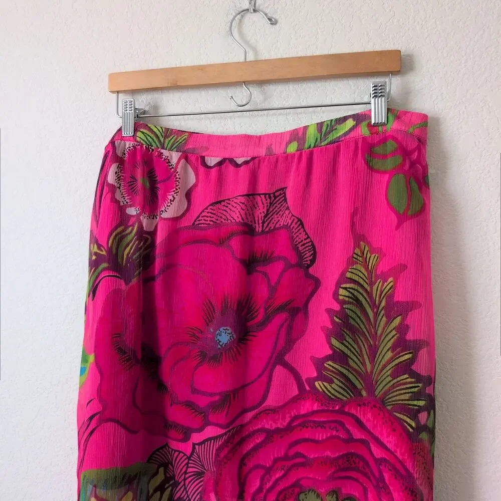 Desigual Skirt Womens 44 /‎ US XL Pink Floral Midi Sheer Slits Beachy Vacation
